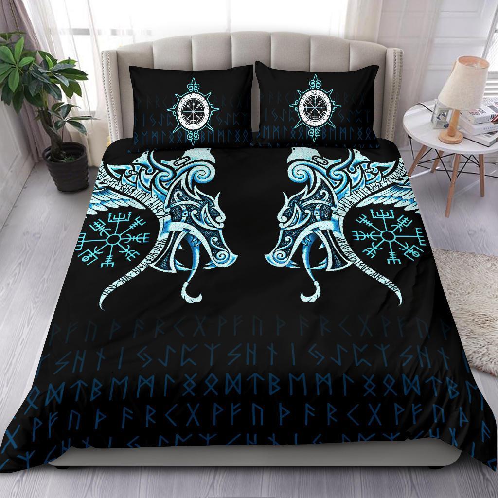 Viking Bedding Set, Fenrir Raven and Vegvisir Tattoo Cyan RLT12 - Wonder Print Shop