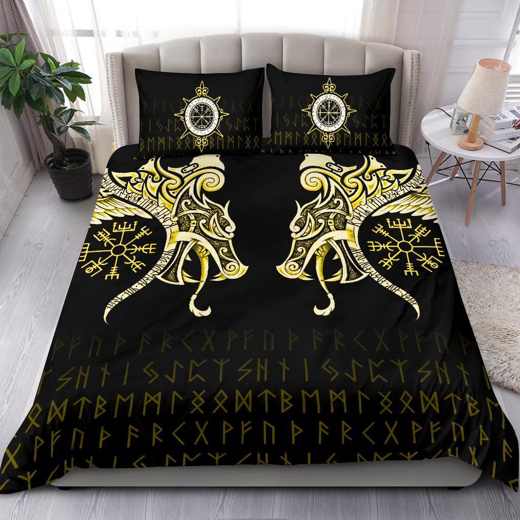 Viking Bedding Set, Fenrir Raven and Vegvisir Tattoo Yellow RLT12 - Wonder Print Shop