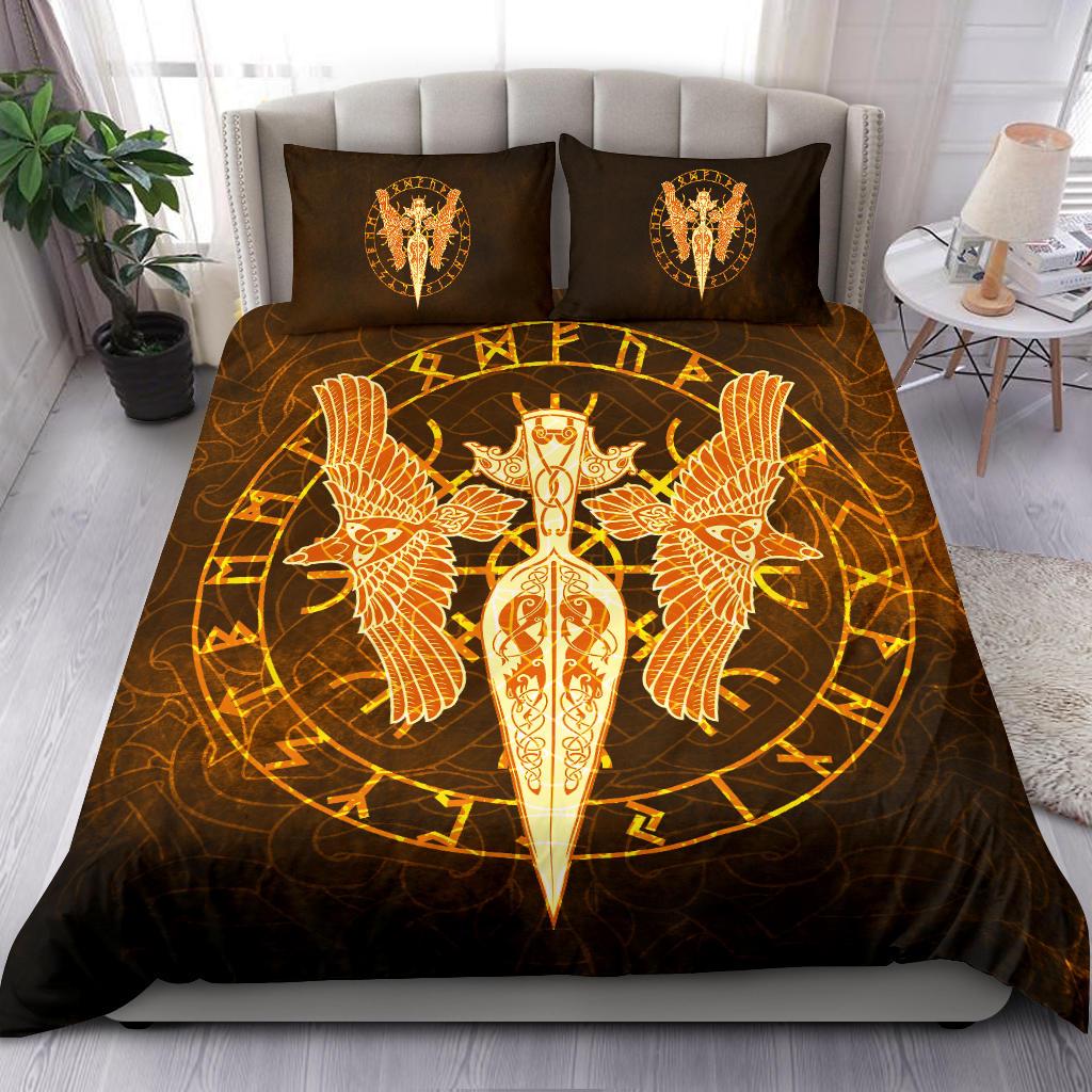 Viking Bedding Set Gold Spear Of The God Odin Gungnir and Two Gold Ravens RLT12 - Wonder Print Shop