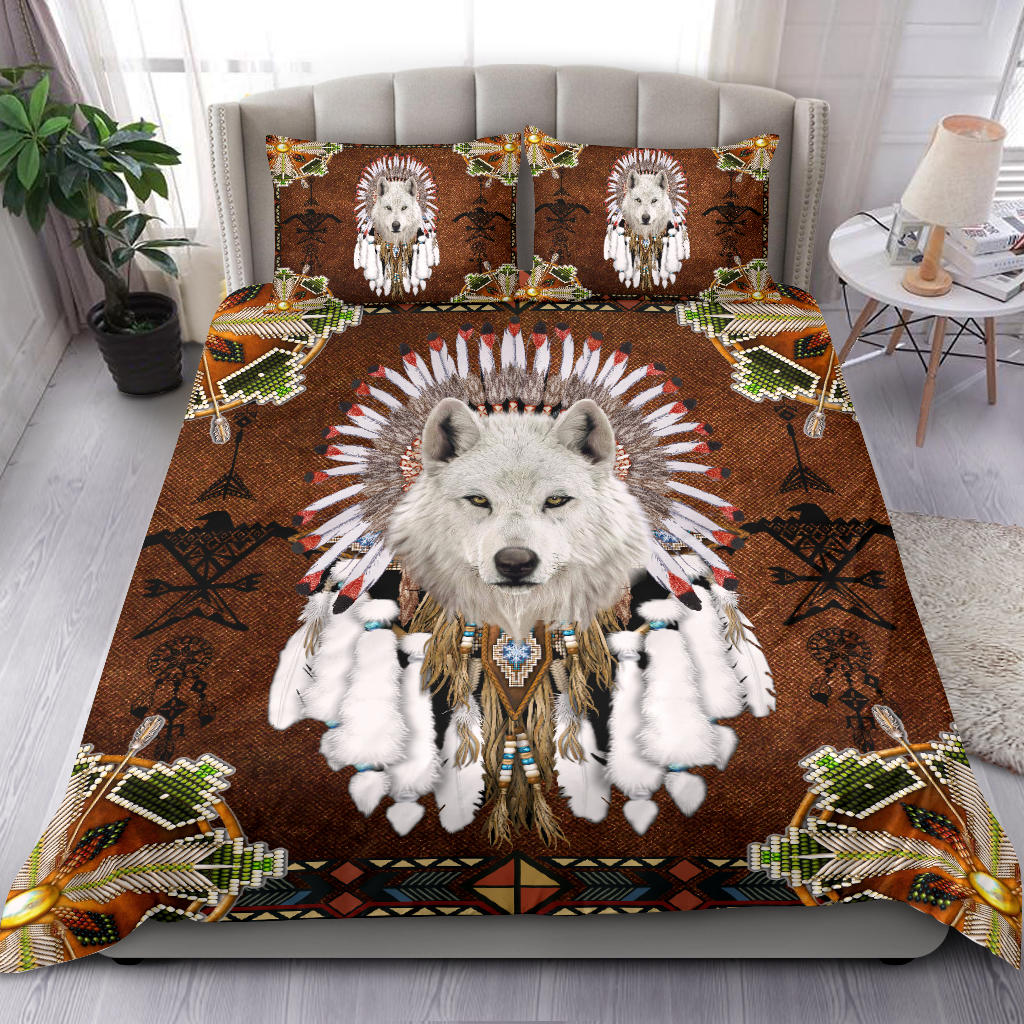 Native American White Wolf With Headress Feathers Bedding Set LT10 - Wonder Print Shop