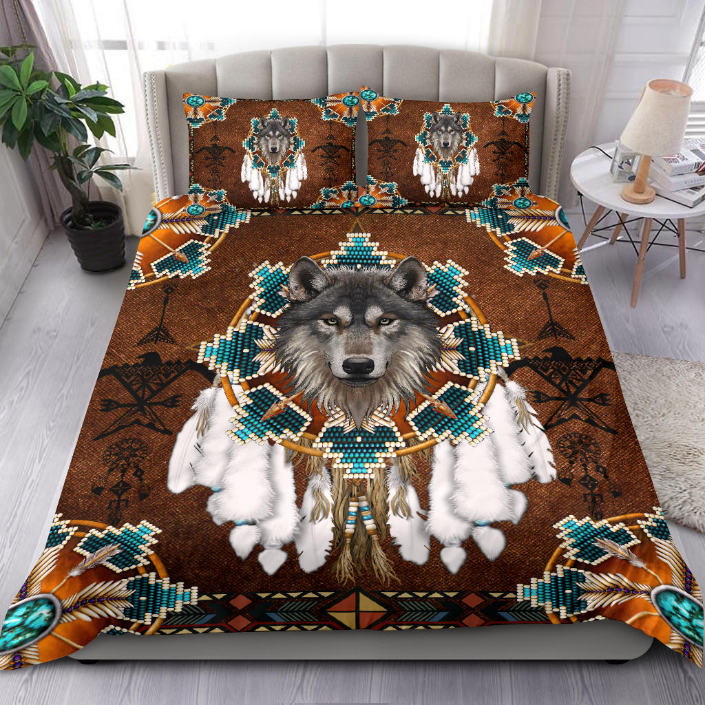 Blue Mandala Feather Wolf Native American Bedding Set LT10 - Wonder Print Shop
