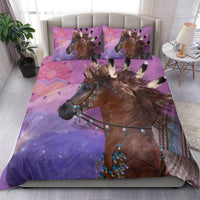 Multicolor Native horse bedding set, purple and pink quilt with horse head and 2 pillows
