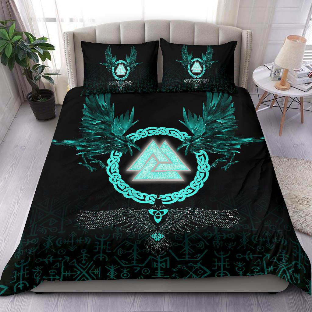 Viking Bedding Set Three Raven and Valknut Cyan RLT12 - Wonder Print Shop