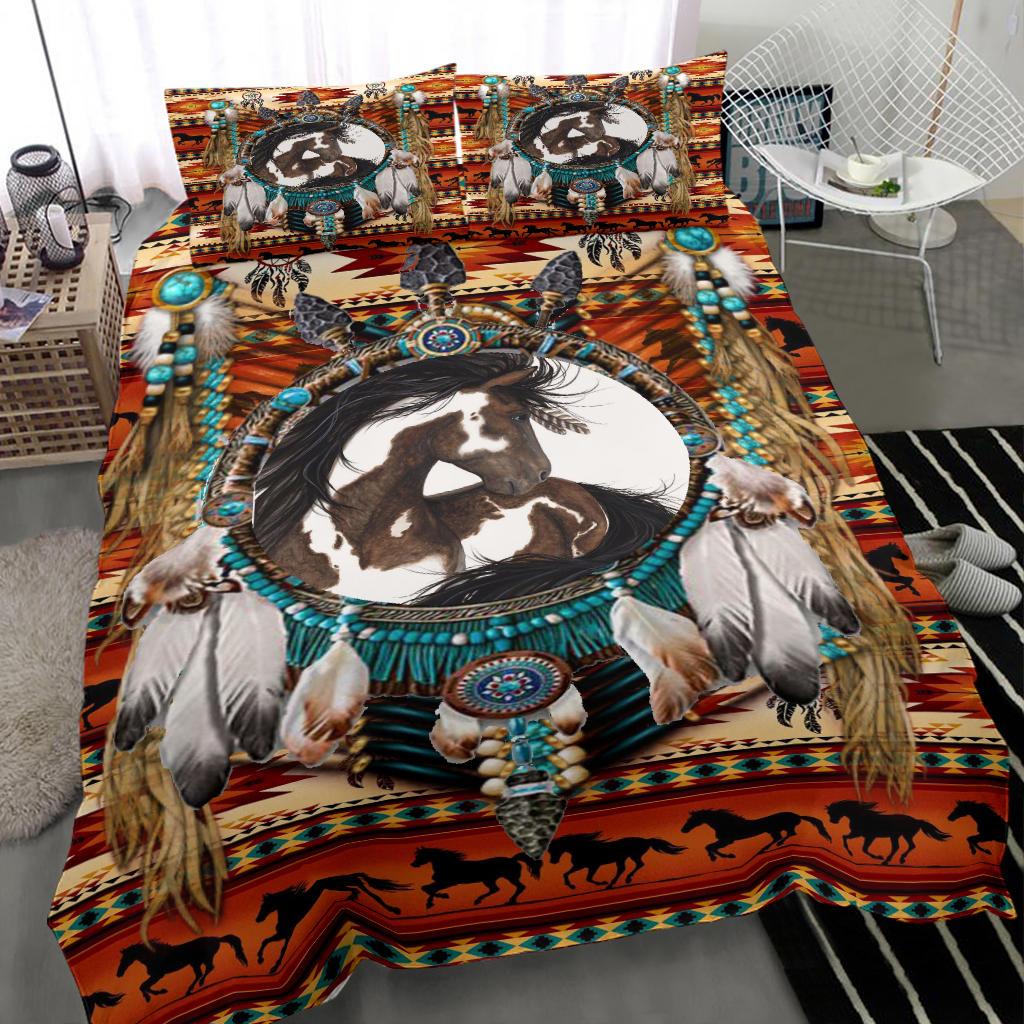 White and Brown Horse Dreamcatcher Native American Bedding Set LT10 - Wonder Print Shop