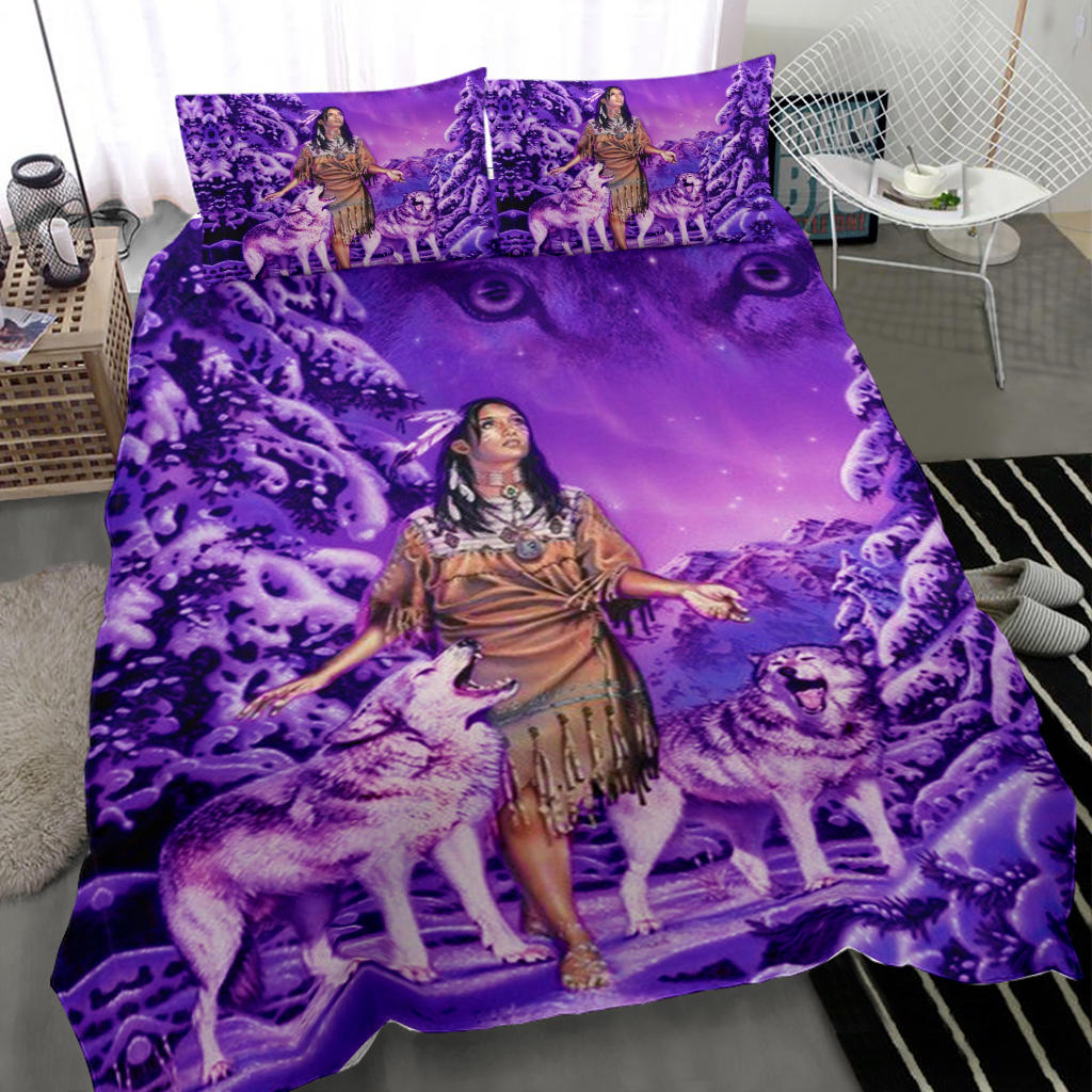 Native American Girl and Wolf Purple Bedding Set LT10 - Wonder Print Shop