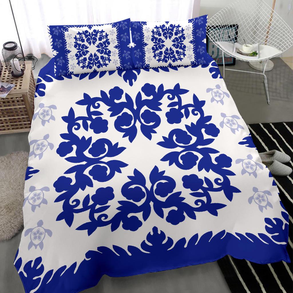 Hawaii Bedding Set - Hawaiian Quilt Plumeria Medallion Blue Bedding Set - AH - Wonder Print Shop