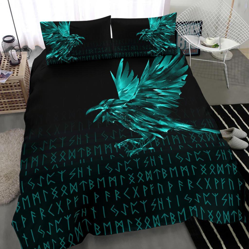 Viking Bedding Set The Raven Of Odin Rune Cyan RLT12 - Wonder Print Shop