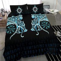 Viking Bedding Set, Fenrir Raven and Vegvisir Tattoo Cyan RLT12 - Wonder Print Shop