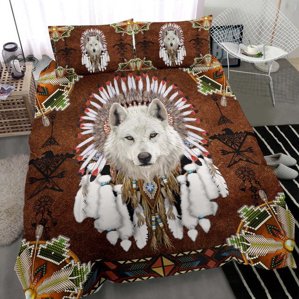 Native American White Wolf With Headress Feathers Bedding Set LT10 - Wonder Print Shop