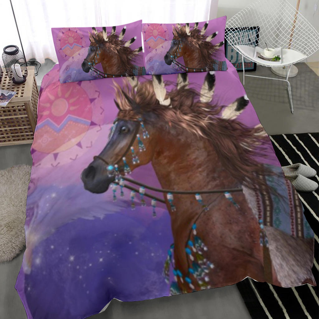 Angled Native horse bedding set, purple and pink multicolor horse head print