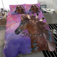 Angled Native horse bedding set, purple and pink multicolor horse head print