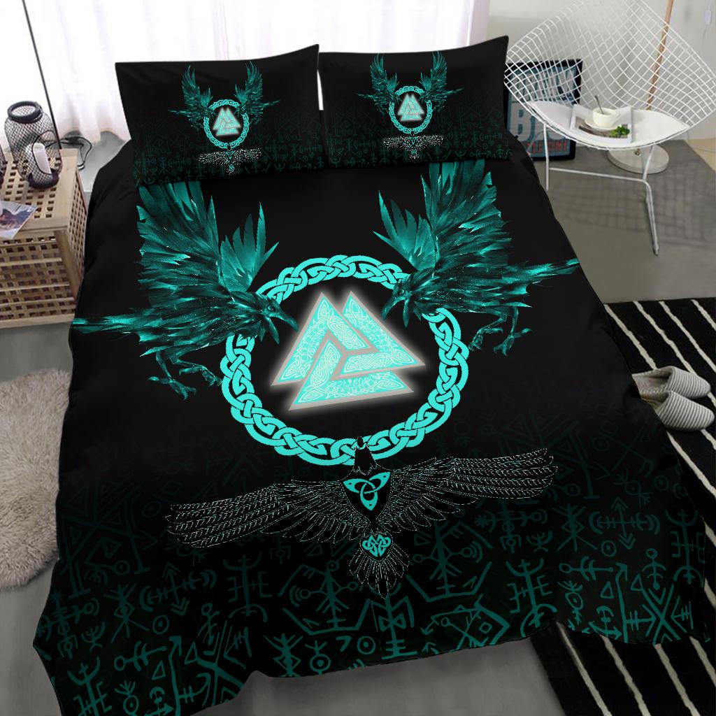 Viking Bedding Set Three Raven and Valknut Cyan RLT12 - Wonder Print Shop
