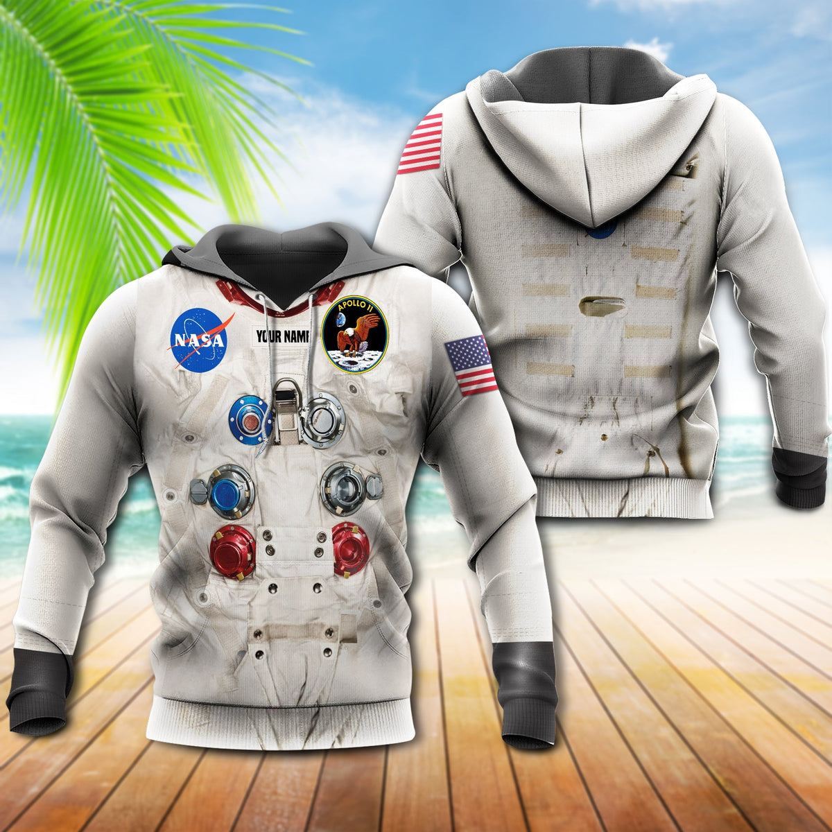 Astronaut zip hoodie: front view with NASA patch, back view with astronaut-themed print