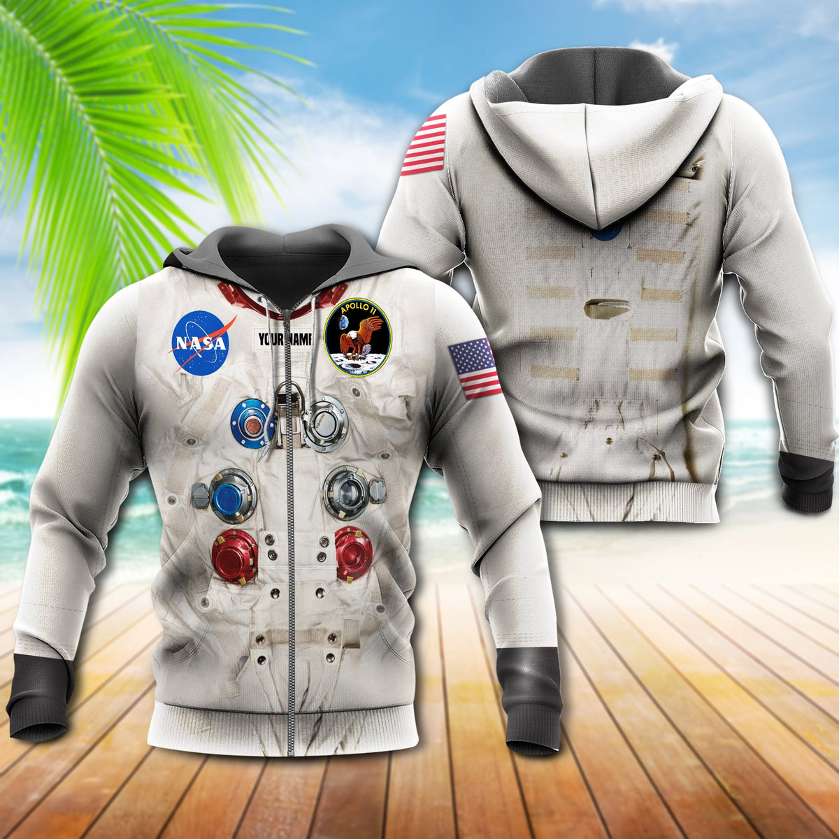 Astronaut zip hoodie, hooded back view with astronaut print, front view shown to side