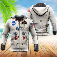 Astronaut zip hoodie, hooded back view with astronaut print, front view shown to side