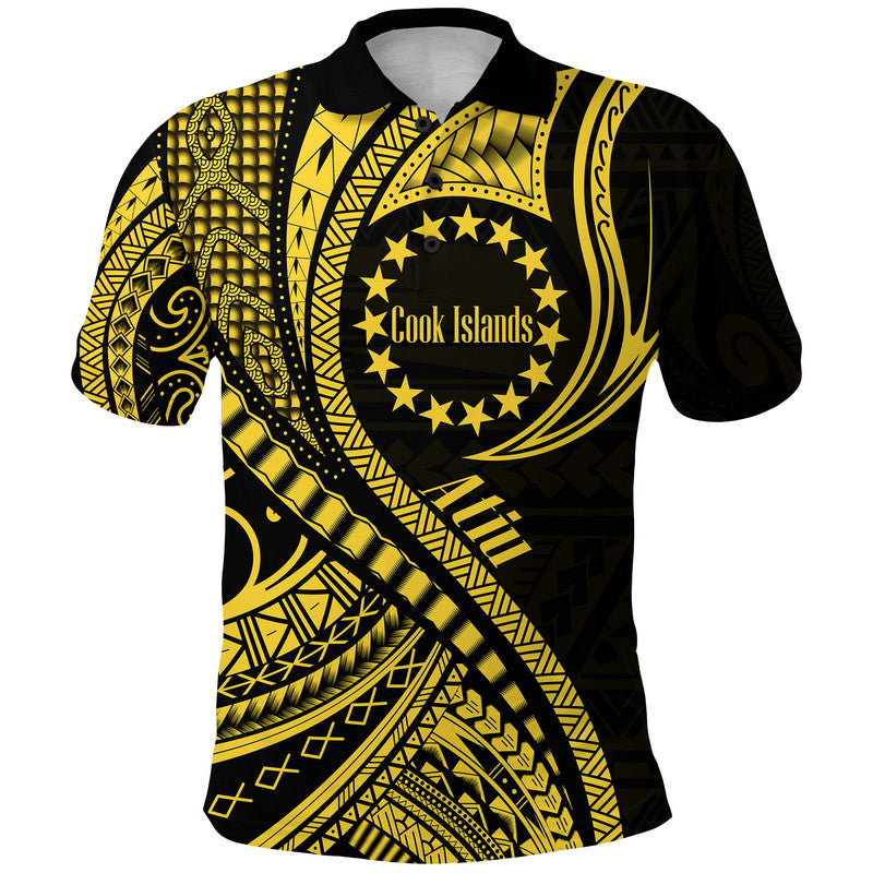 Atiu Cook Islands Polo Shirt Gold Polynesian Wave Style - Wonder Print Shop