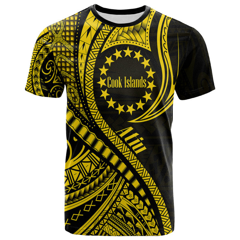 Custom Atiu Cook Islands T Shirt Gold Polynesian Wave Style - Wonder Print Shop