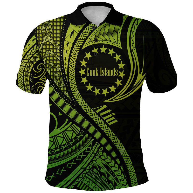 Custom Atiu Cook Islands Polo Shirt Green Polynesian Wave Style - Wonder Print Shop