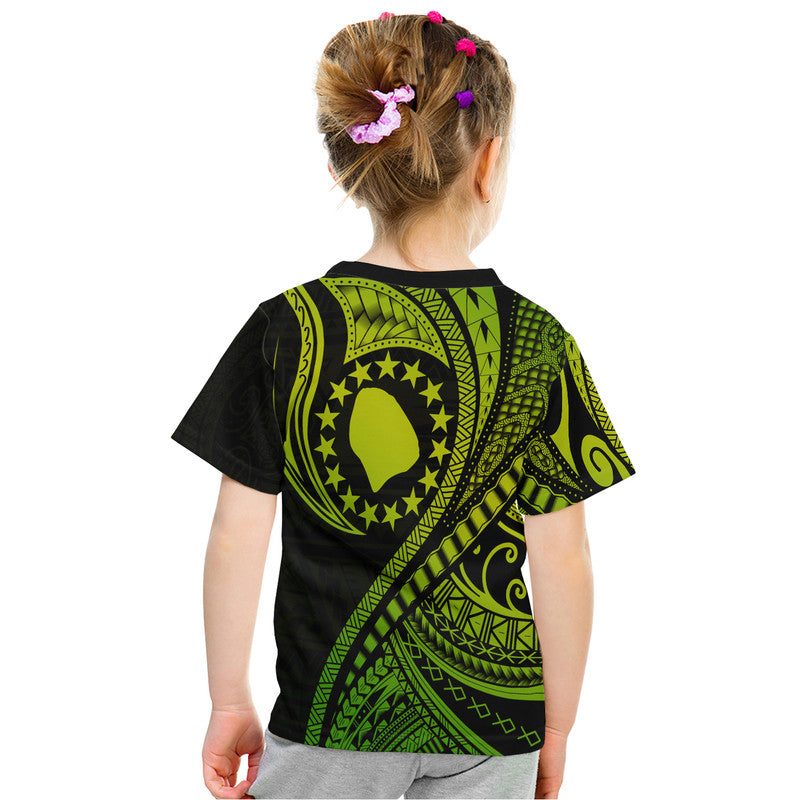 Back of green and black Polynesian wave T-shirt with circular star emblem.