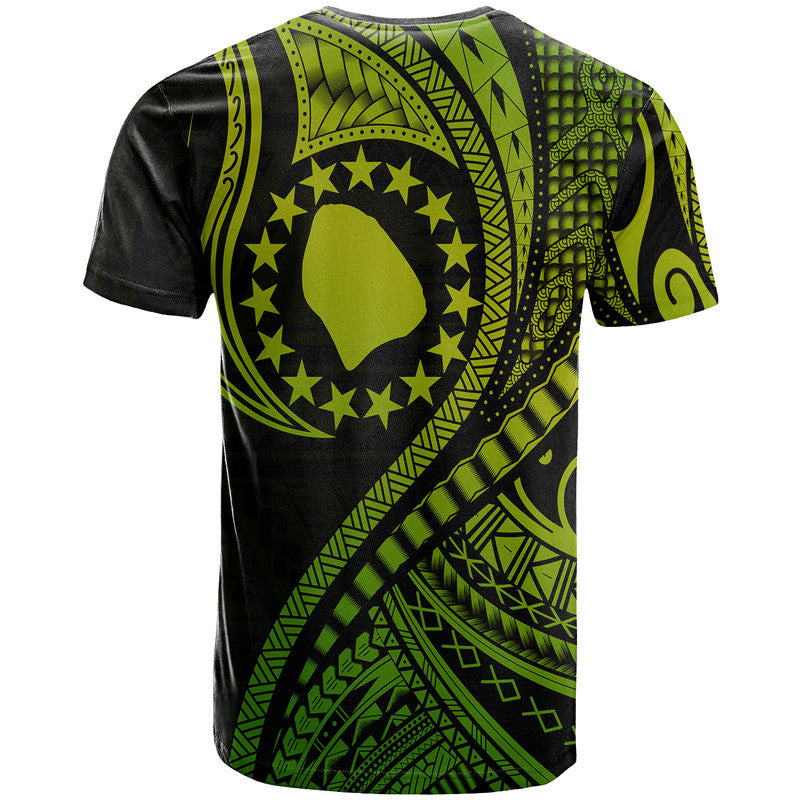 Green and black Polynesian wave T-shirt with large green emblem and star border.