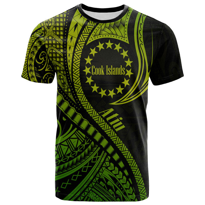 Custom Atiu Cook Islands T Shirt Green Polynesian Wave Style - Wonder Print Shop
