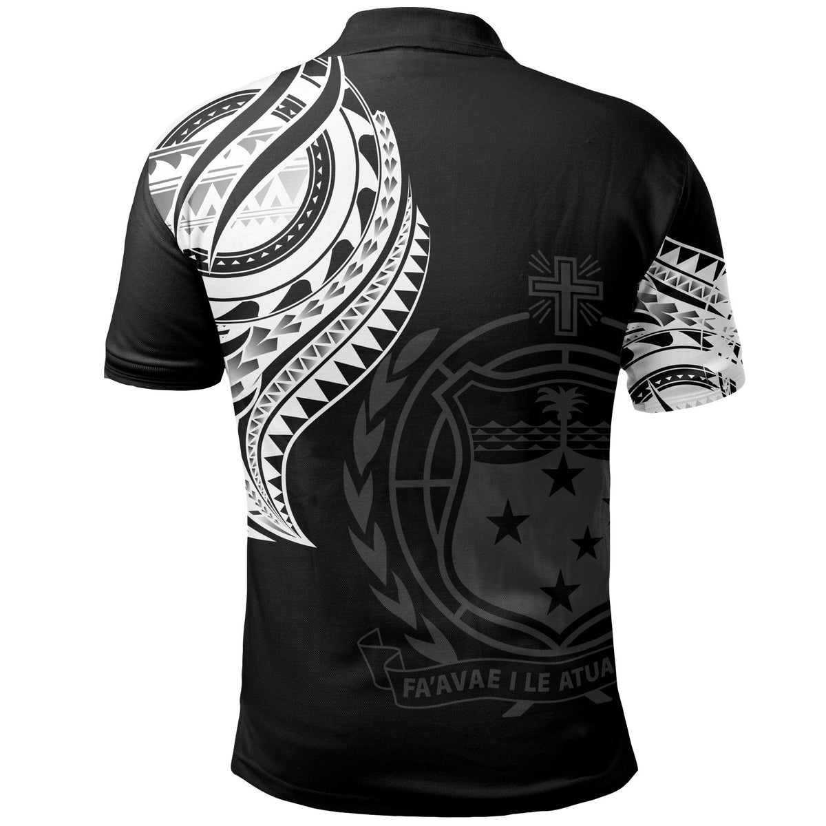 Black Samoa polo shirt back print with coat-of-arms shield, cross and stars