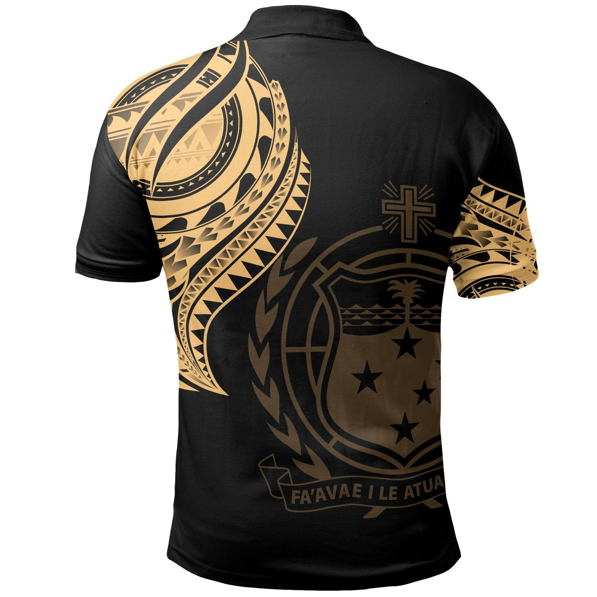 Black polo shirt back with large gold tatau coat-of-arms crest, cross, stars and emblem