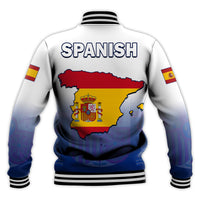 White baseball jacket back view with SPANISH lettering, Spain map, and ribbed black striped hem