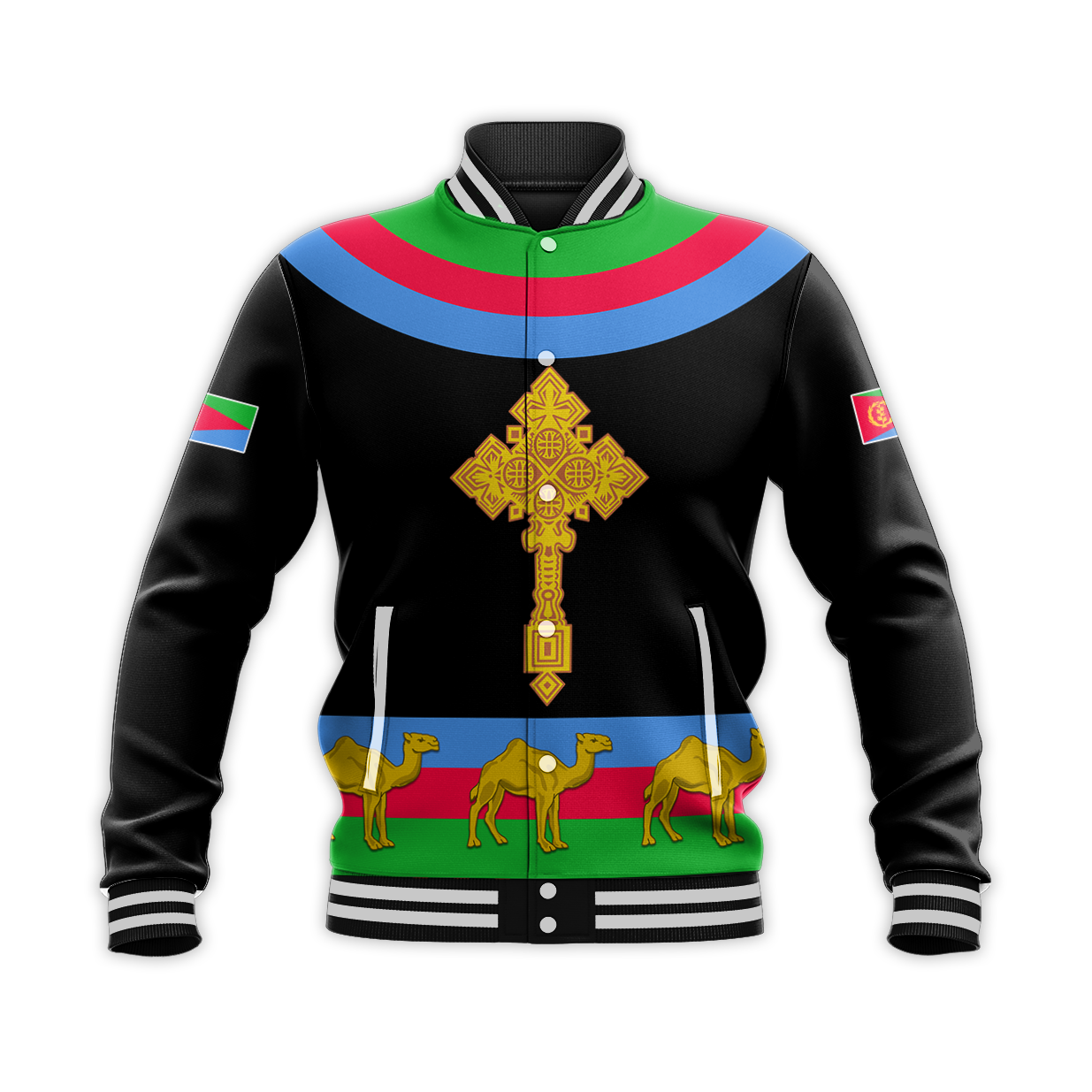 Eritrea Baseball Jacket Cross Flag Camel Black LT13 - Wonder Print Shop