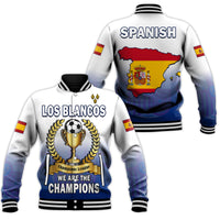 White baseball jacket, unisex fit, back graphic shows SPANISH text and Spain map