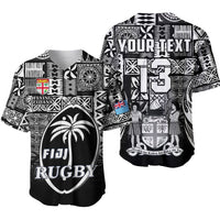 Black Fiji rugby baseball jersey with tapa pattern and large front crest graphic