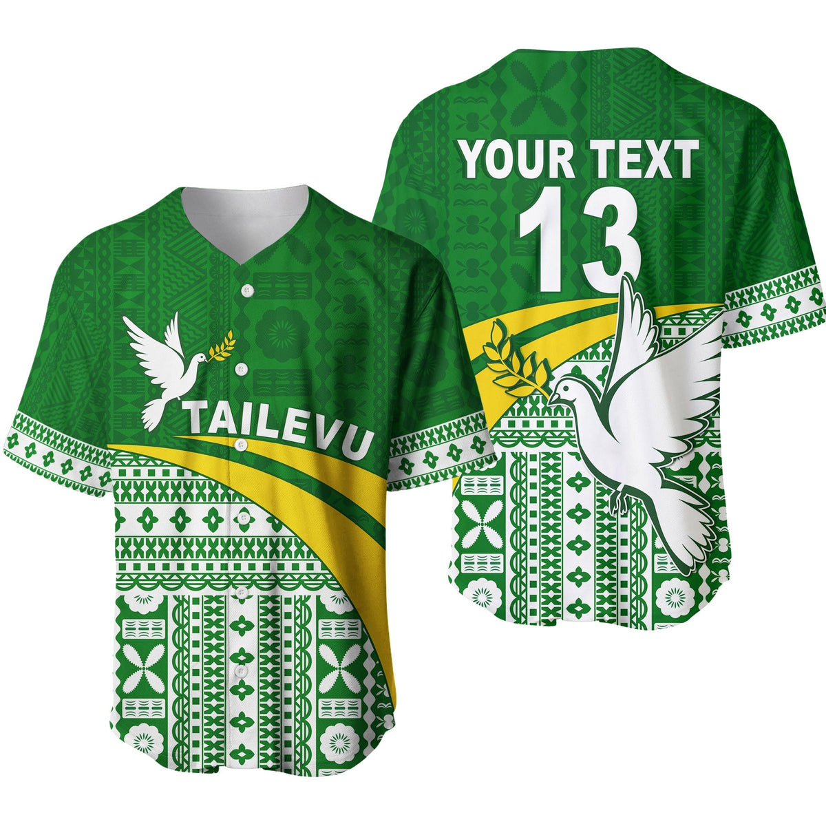 (Custom Text and Number) Tailevu Rugby Baseball Jersey Fiji Rugby Tapa Pattern Green LT13 - Wonder Print Shop