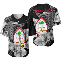 Polynesian baseball jersey with Guam seal and turtle; dark floral tropical design