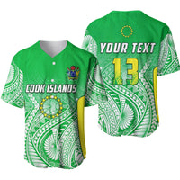 Green baseball jersey with Cook Islands text, crest, and leafy tropical pattern