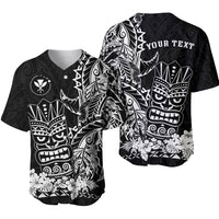 Black baseball jersey with Polynesian tiki masks, floral hem, and customizable text