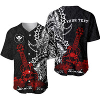 Black baseball jersey with red hibiscus and ukulele print, button front