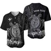 Custom baseball jersey, dark gray/black with sea turtle graphic, white floral hem