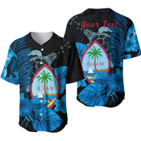 Blue baseball jersey with custom text, Guam seal turtle and flowers, tropical leaf pattern