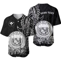 Custom Hawaiian baseball jersey in dark tones with State of Hawaii seal, flowers, and geometric print