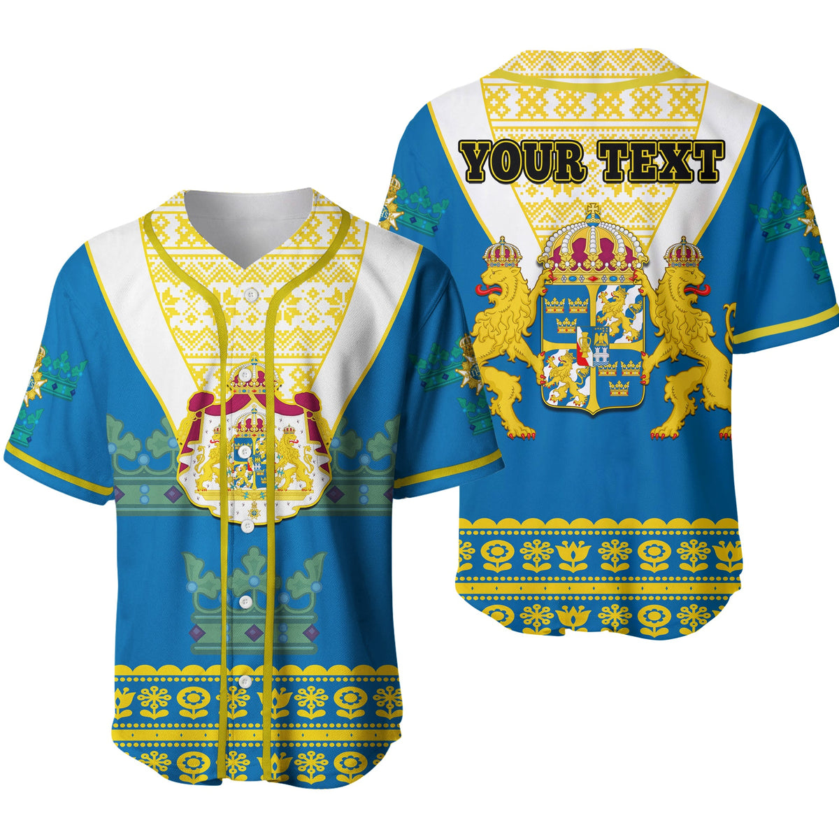 (Custom Personalised) Sweden Baseball Jersey Swedish Coat Of Arms With Scandinavian Flowers Ver.02 - Wonder Print Shop