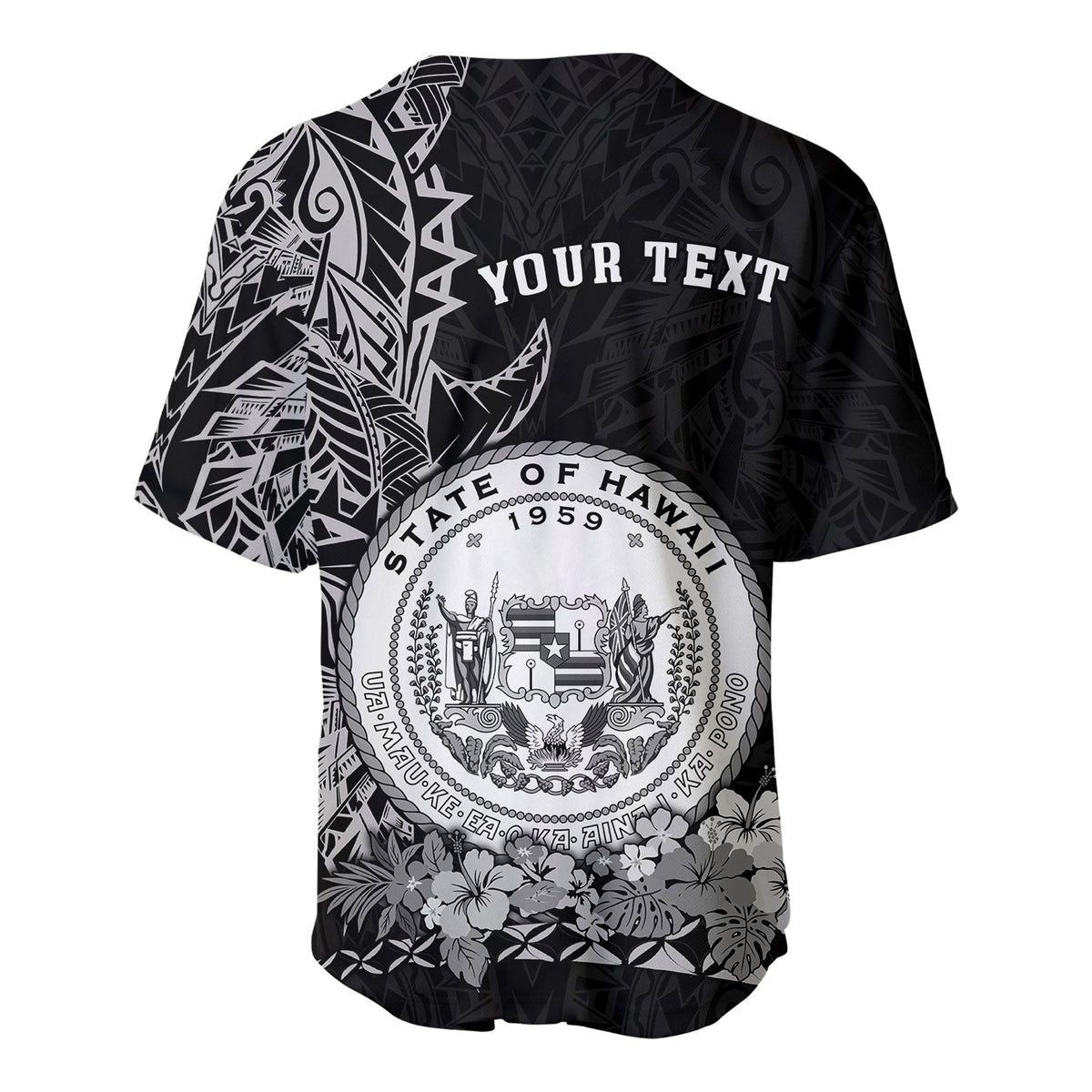 Back view of custom Hawaiian baseball jersey in dark tones with “YOUR TEXT” and Hawaii seal