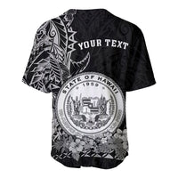 Back view of custom Hawaiian baseball jersey in dark tones with “YOUR TEXT” and Hawaii seal