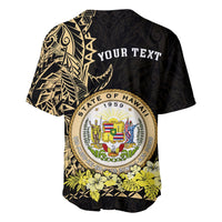Hawaiian baseball jersey back: white “YOUR TEXT” on black with gold tribal pattern