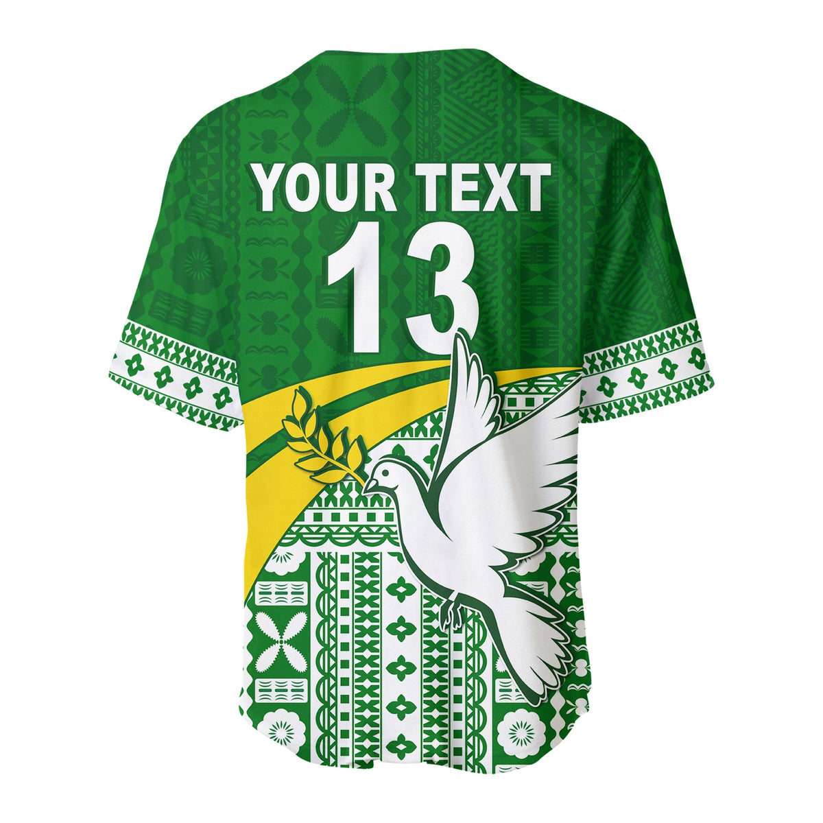Green rugby baseball jersey back: 'YOUR TEXT' and number 13 with dove