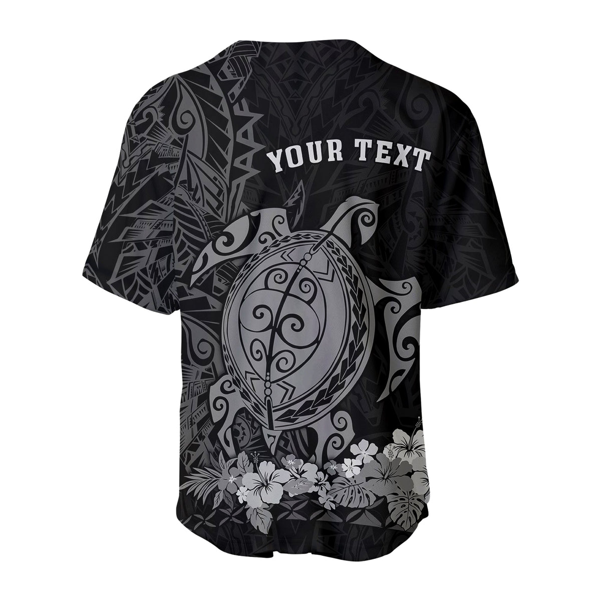 Back-style baseball jersey with 'YOUR TEXT' and turtle design over tribal pattern