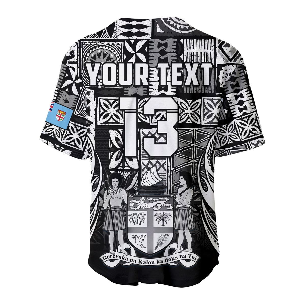 Black tapa-pattern rugby baseball jersey back with 'YOUR TEXT' and Fijian motif print