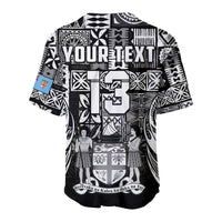 Black tapa-pattern rugby baseball jersey back with 'YOUR TEXT' and Fijian motif print