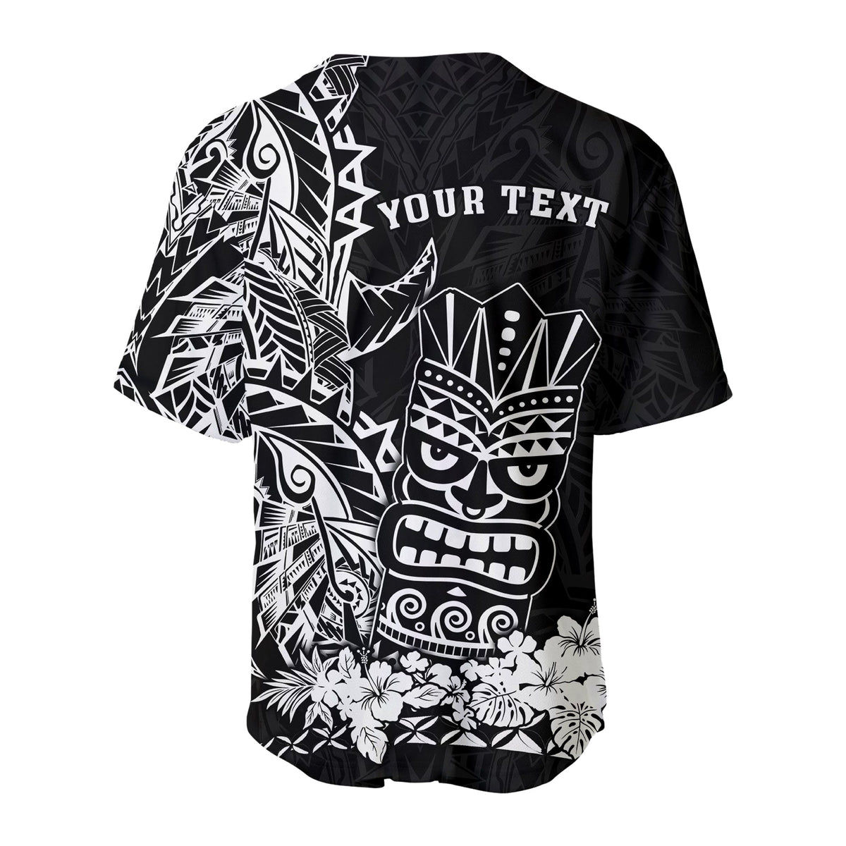 Black baseball jersey back panel with tiki mask, floral design, and “YOUR TEXT”