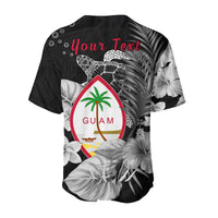 Back of custom baseball jersey: red 'Your Text' over Guam turtle and tropical leaves