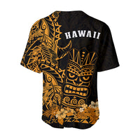 Back of black and gold baseball jersey, HAWAII text and tiki crown mask